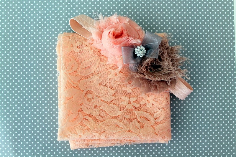 baby lace wrap..baby girl wrap set..newborn wrap headband set...baby photography prop..peach lace wrap