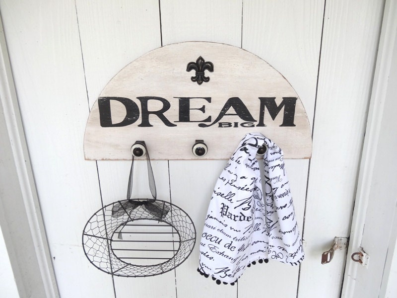 Coat Rack Wall Hanging Storage Solution Black and White Ceramic Knobs Hand Painted Dream Big