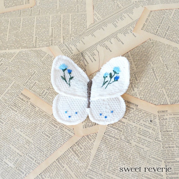Spring Butterfly - Flower Garden Embroidered Textile Art - Blue and Emerald Floral - DIY Brooch Pin for Mothers Day, Birthday, Wedding