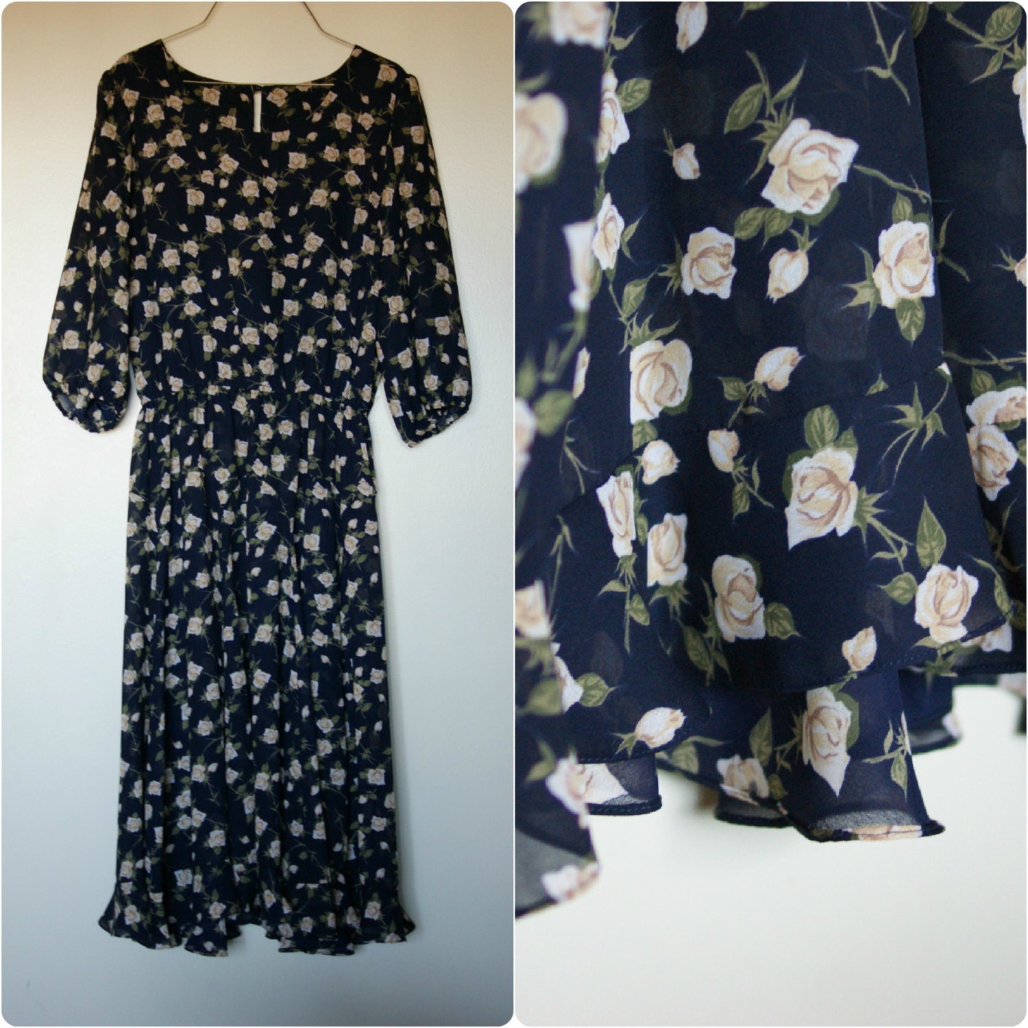 Vintage Navy Blue Floral Flounce Bottom Maxi Dress