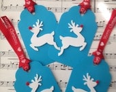4 Handmade Holiday Christmas Leaping Red Nose Reindeer Embellishment Tags