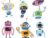 Robots Clipart Clip Art Cute Robots Party Little Birthday Party Digital Scrapbook Metal Tin Robots DIY invitation cards 10480