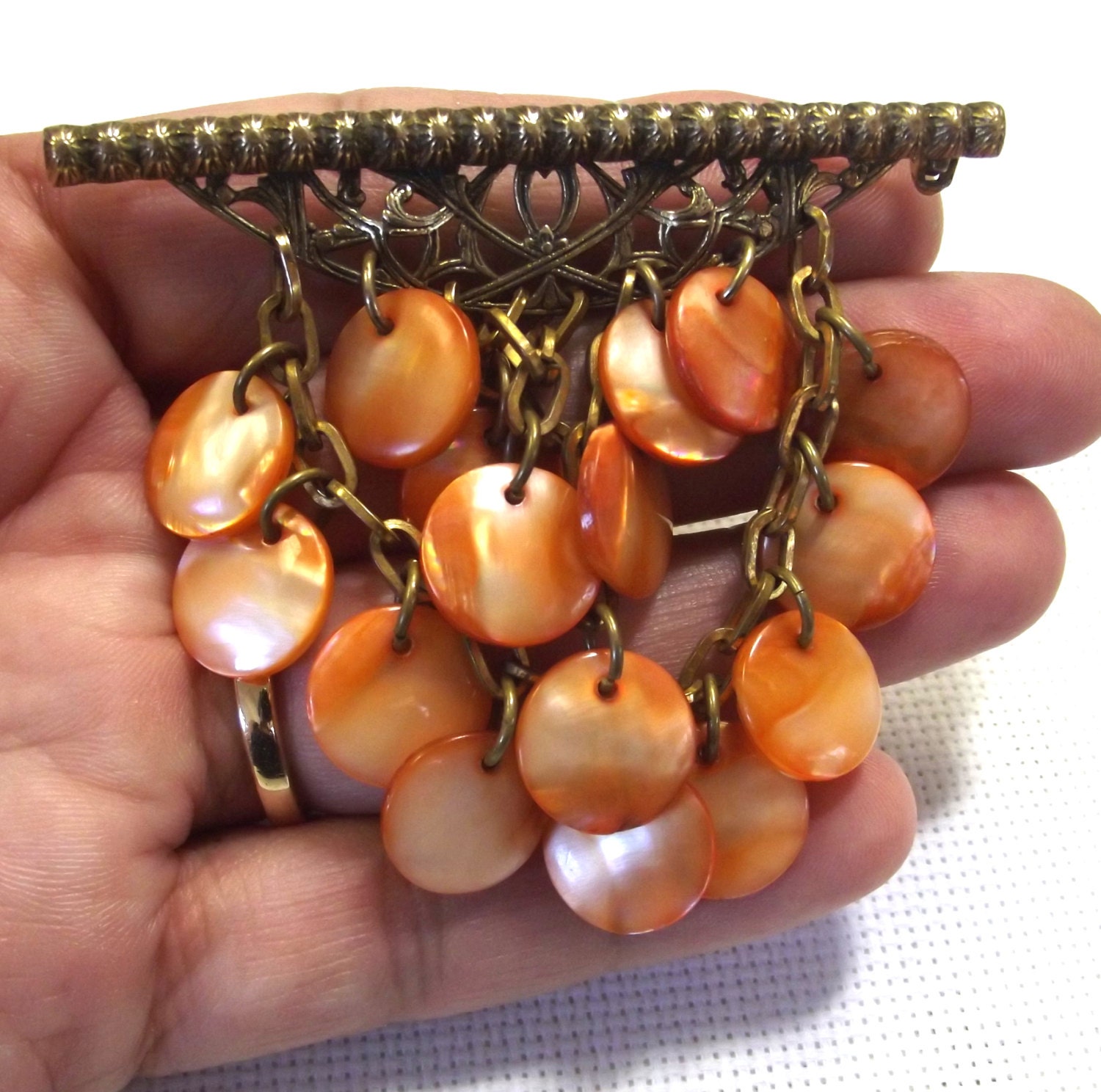 Vintage Dangle Pin, Peach Dyed Shell, Victorian Style, Costume Jewelry, Sash Pin, Wedding
