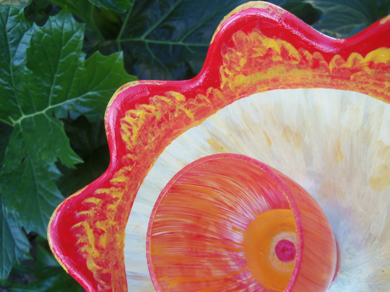 Garden Art - Glass Flower Hand Painted in Red & Yellow  - Glass Plate Flower - Sun catcher - Garden Sculpture - Yard Art - Garden Stake