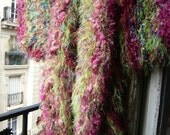 handknitted,fairy,flowery coat,long sweater/jacket,kimono,fuschia pink,blue,bloomed,green,vegetal grass,OOAK,wearable art.FREE SHIPPING.