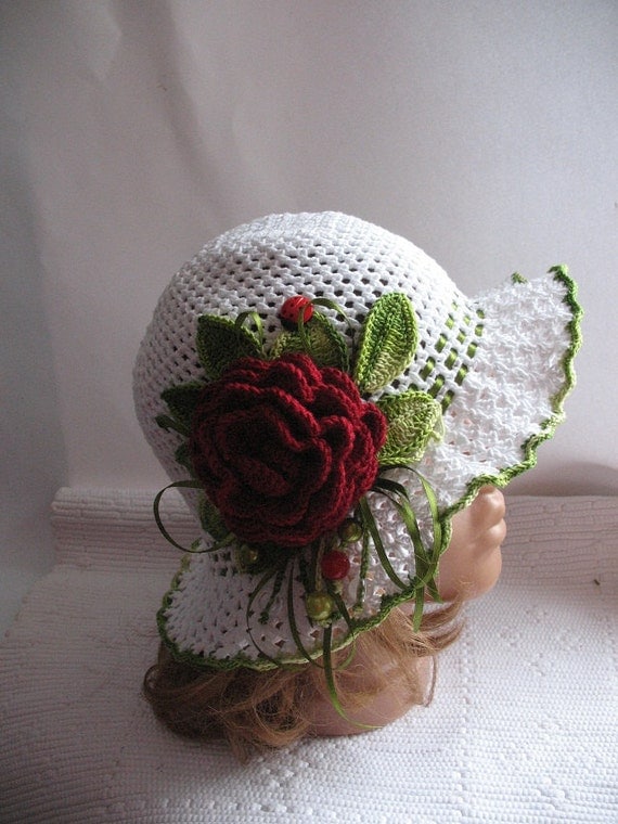 Hat Brim  in White with  Red Rose OOAK Crochet