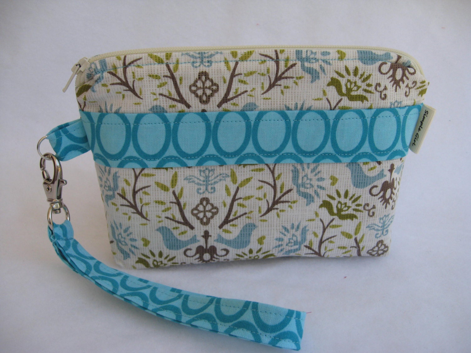 Wristlet - Gadget Case - Blue & Green Folk Art Bird Print Fabric - Turquoise Circle Trim