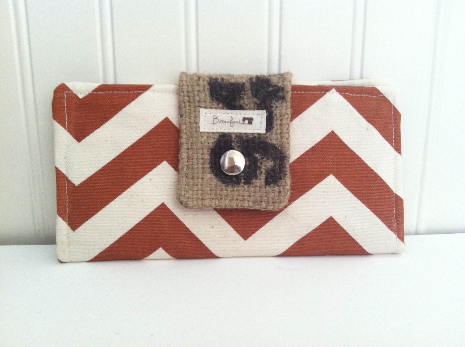 Women's Large Checkbook Wallet  Burnt Orange Chevron and repurposed Burlap  with Earthy Owls