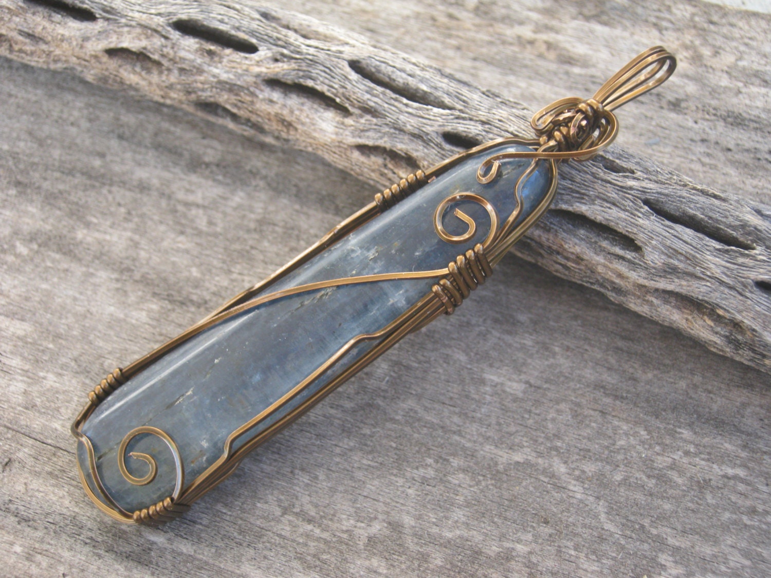 Blue Kyanite Love Pendant, Wire Wrapped VIntage Bronze
