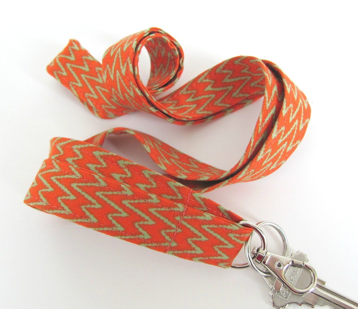 Lanyard ID Badge Holder Fabric Key Lanyard Deep Orange with Moss Green Zig Zag Geometric