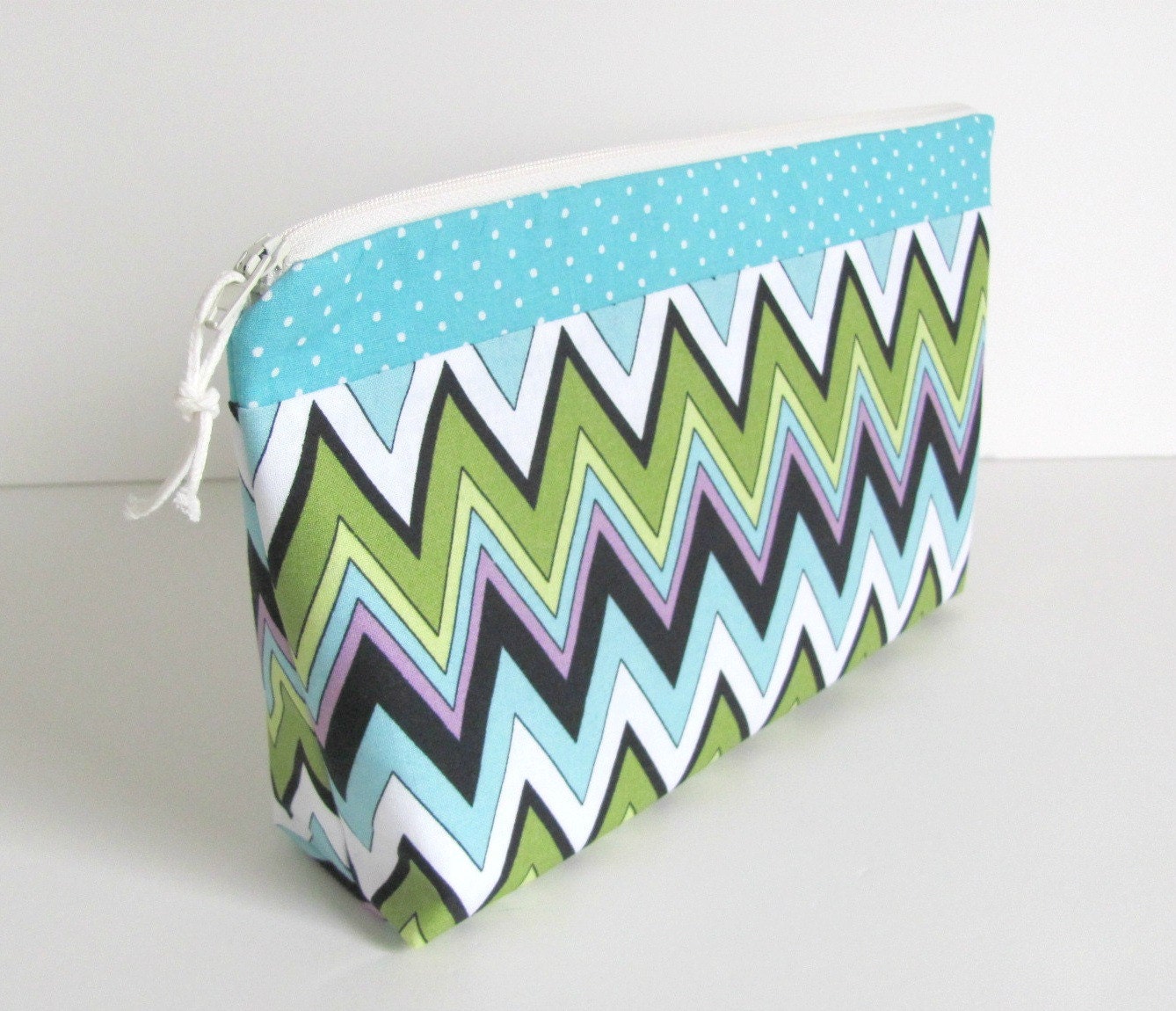 Large Cosmetic Bag Chevron Makeup Bag - Aqua Lime Navy Zig Zag