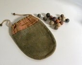 Antique rare primitive Vermont Farm 2 Tone Peach and Olive Handmade Leather Marble Tie Bag with early clay Marbles