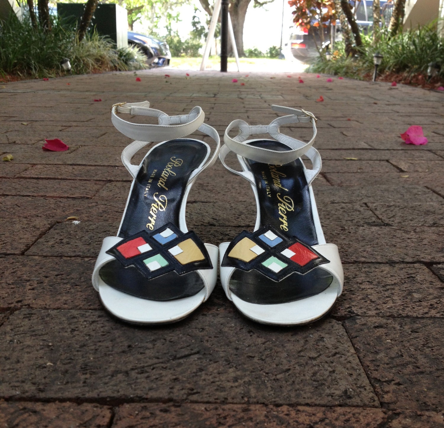 Vintage Roland Pierre Strappy Sandals with Kitten Heel and Geometric Color Blocks, Size 7 1/2AA