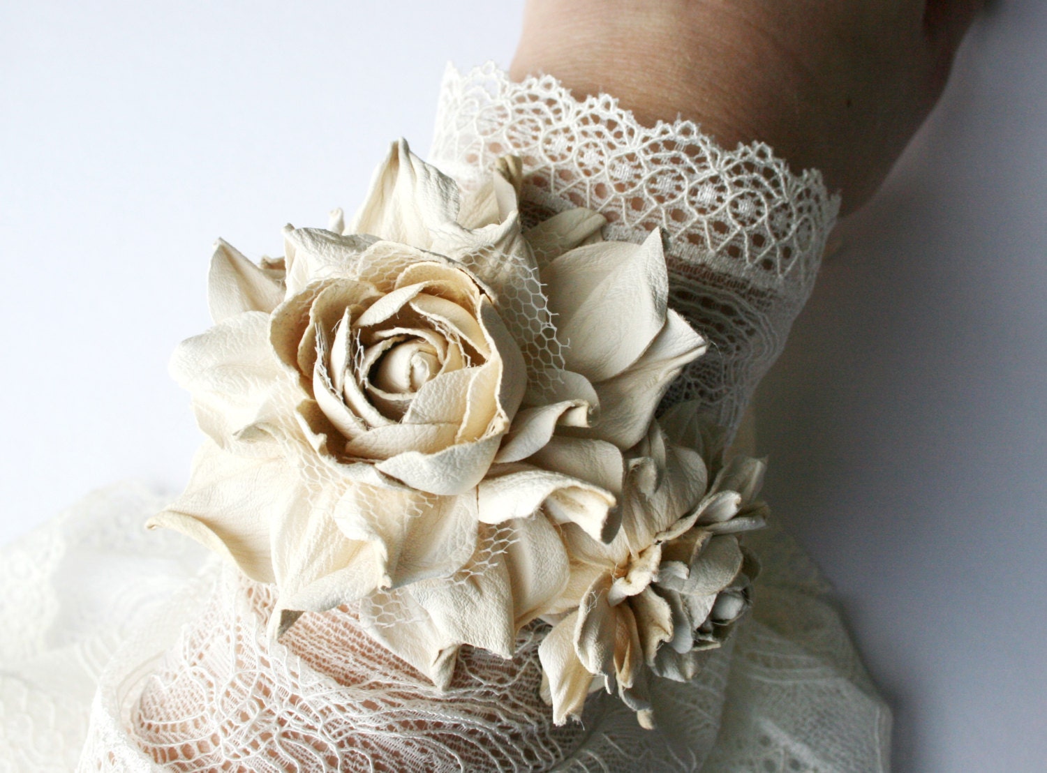 Ivory leather rose flower bracelet - Made to Order