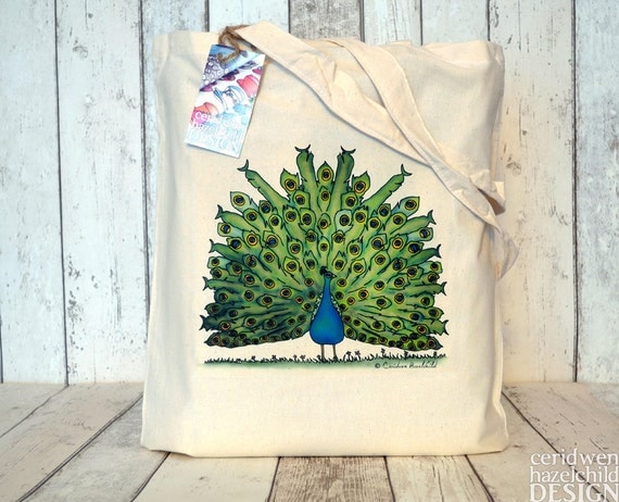 Peacock Illustration Eco Cotton Tote Bag