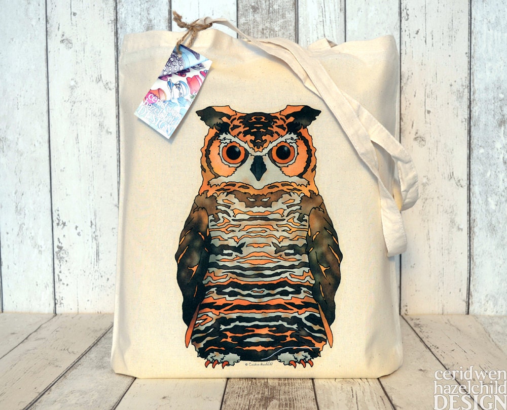 Eagle Owl Illustration Eco Cotton Tote Bag