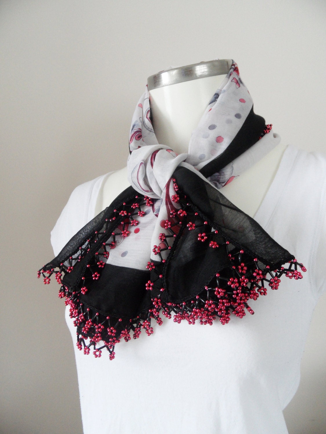 black, pomegranate and gray, authentic, romantic, Turkish Yemen OYA scarf, scarves, elegant, fashion, flowers, boho style