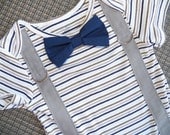 READY TO SHIP - Navy Blue and Grey Striped Boy Bow Tie Onesie  with Suspenders - Size 24 Month Short Sleeve