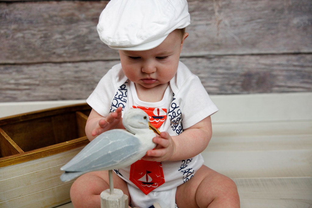 Nautical Sailboat Boys Tie Onesie Bodysuit or Shirt with Suspenders -  Birthday, Photo Prop, Spring