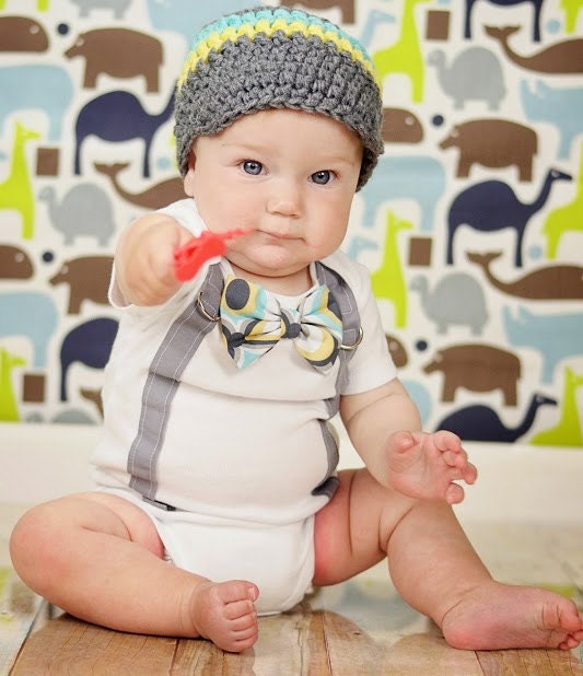 GET THE SET - Baby Boy Bowtie & Suspender Onesie with Newsboy Hat - Mint Yellow Grey - Birthday, Baby Shower, Wedding