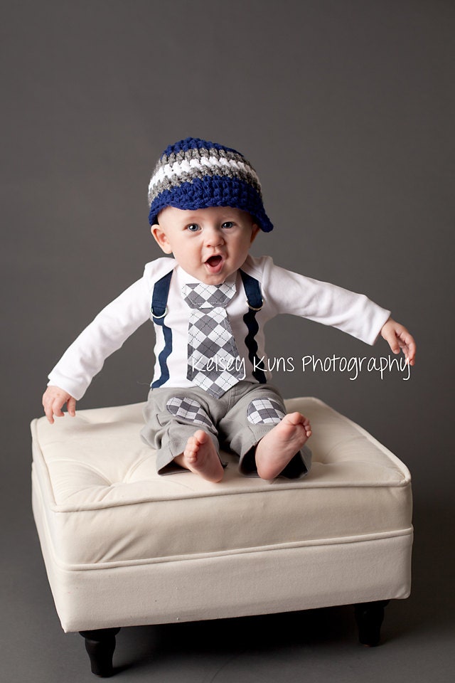 Navy and Grey Argyle Baby Boy Tie Onesie with Suspenders and Crocheted Hat - Little Man, Argyle, Photo Prop