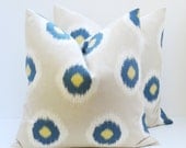 Ikat Pillow Throw Pillow Covers 16x16 Blue  Cream Pillows  Printed fabric front and back. Housewares.Spots Home Decor