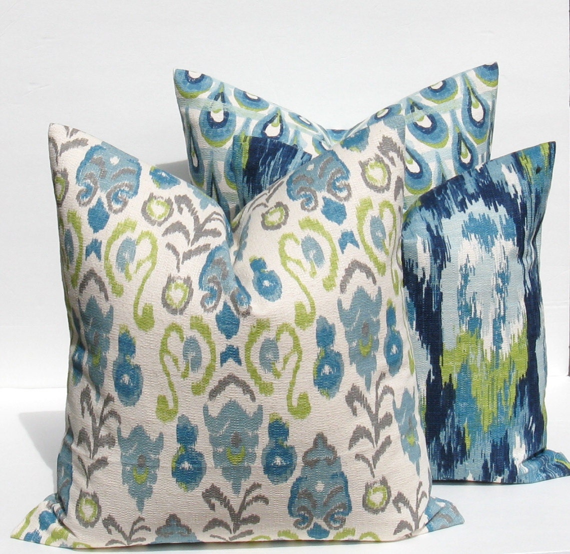 Decorative Throw Pillows Throw Pillow Covers 20x20 THREE Blue Green Pillow Burlap Pillow Ikat Pillow Printed fabric both sides