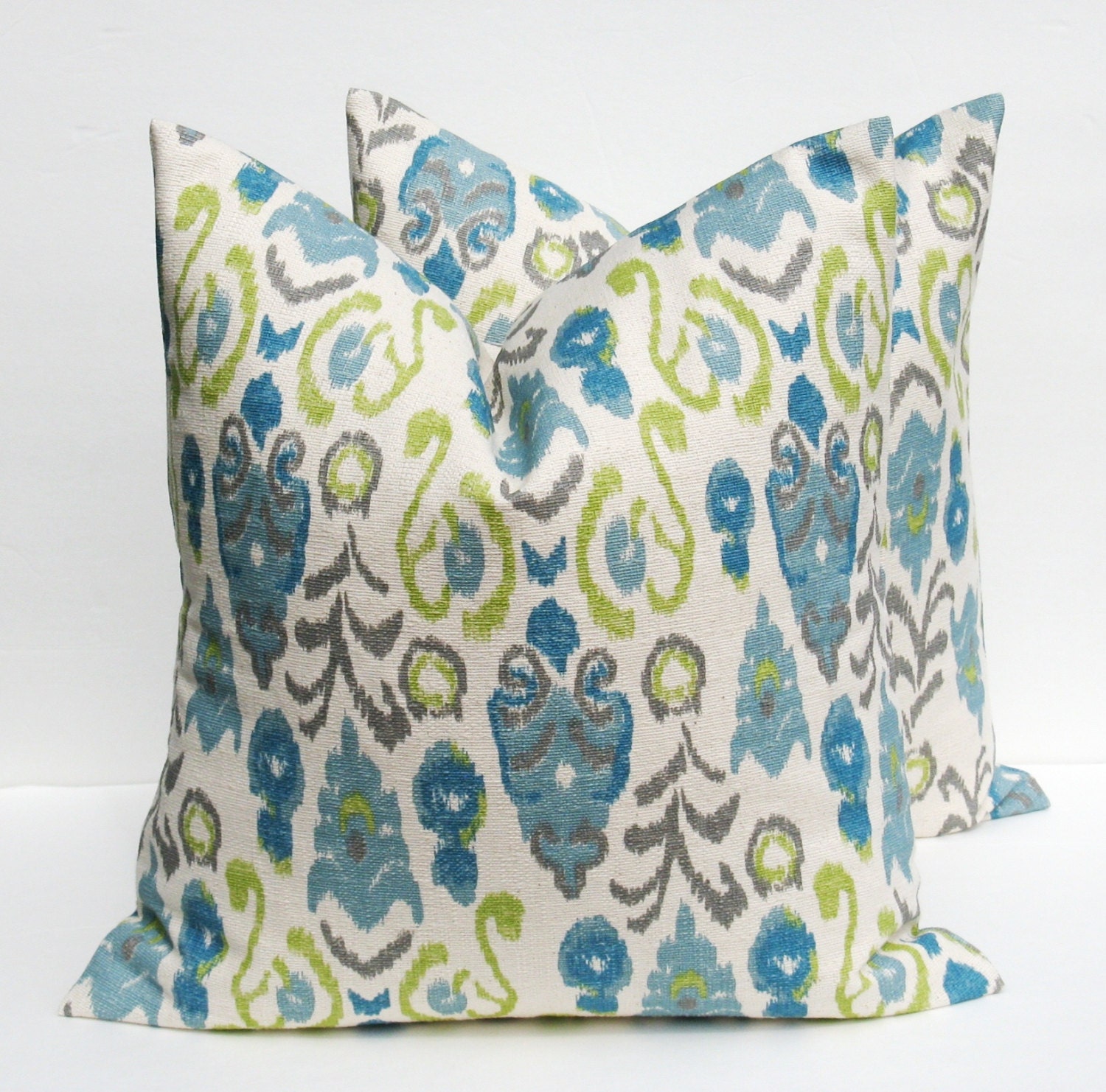 Decorative Throw Pillows Throw Pillow Covers  TWO18x18 Blue Green Pillow Burlap Pillow Ikat Pillow Printed fabric both sides