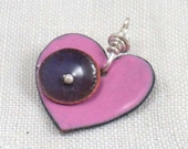 Copper heart pendant, enameled, pink with purple accent, red back