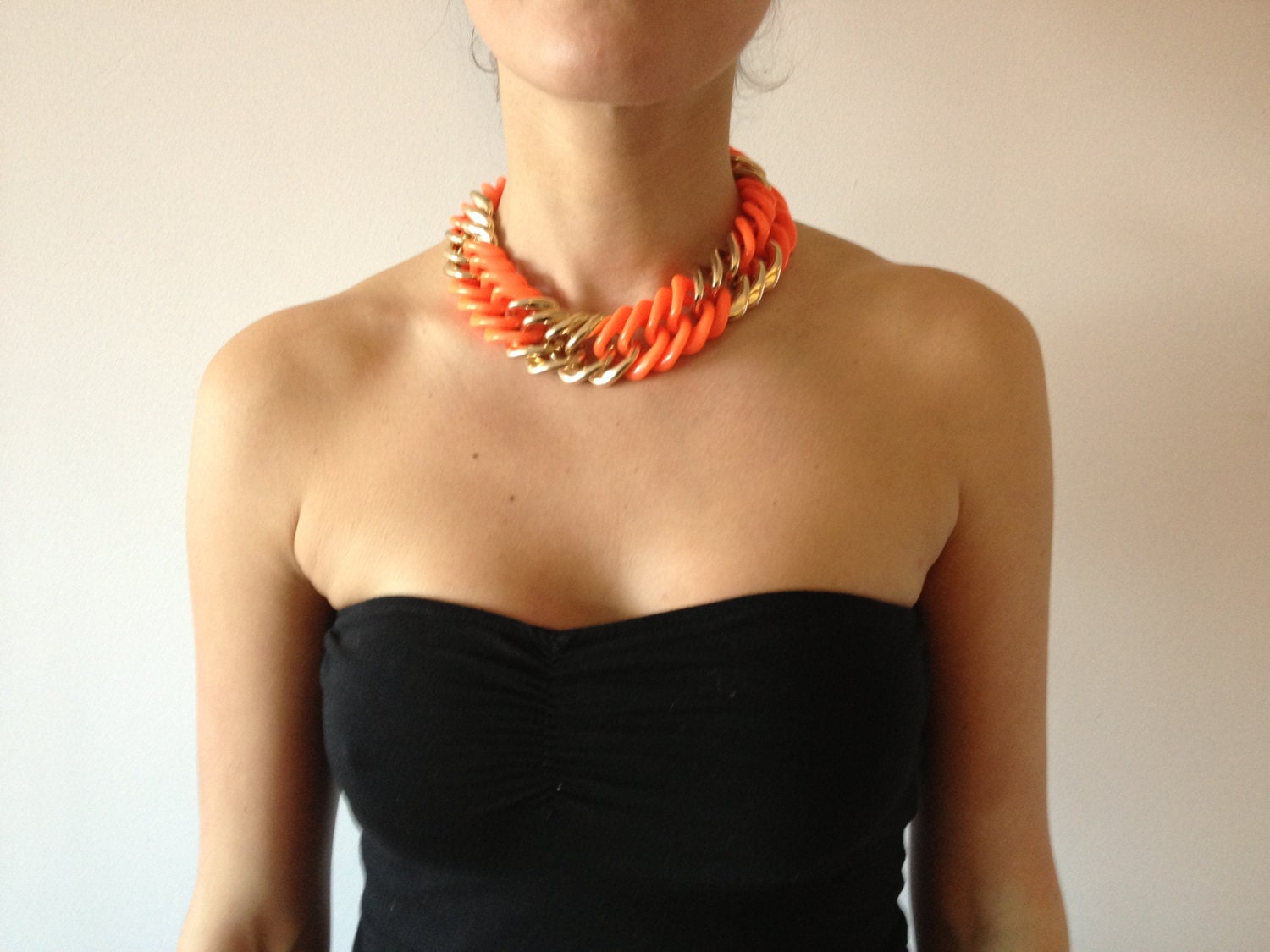 Oversized Large Curb Chain Statement Necklace Acid Coral Neon Pink and Gold Plastic