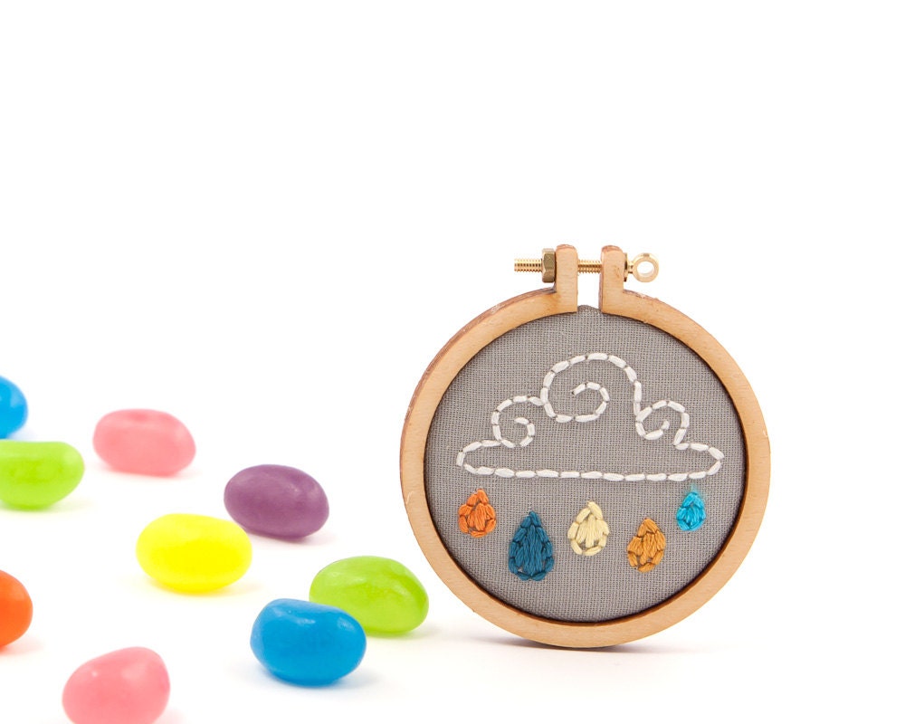 Cloud and rain drops embroidered brooch - ginger, teal, lemon, mustard and aqua raindrops - made with love by dandelyne