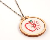 Apple embroidered necklace - an apple a day design - lovely apple - unique miniature hoop - made with love by dandelyne