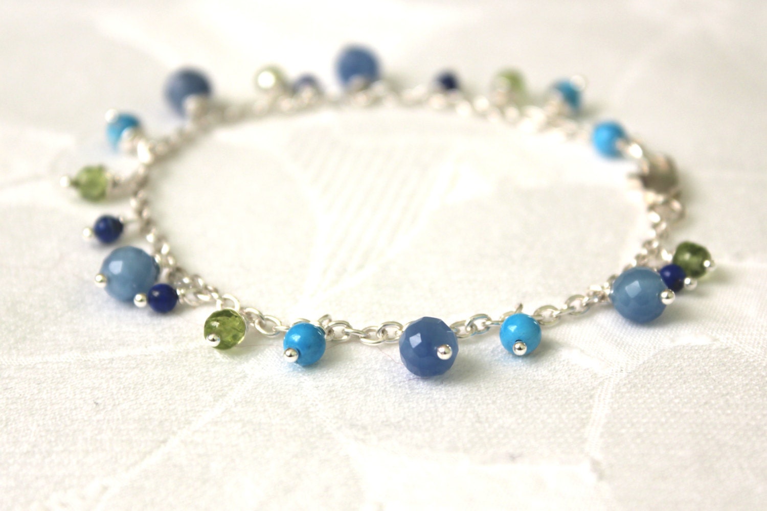 Blue Green Gemstone Bracelet:Hand Wire Wrapped Sterling Silver Lapis,Agate,Howlite and Peridot bracelet