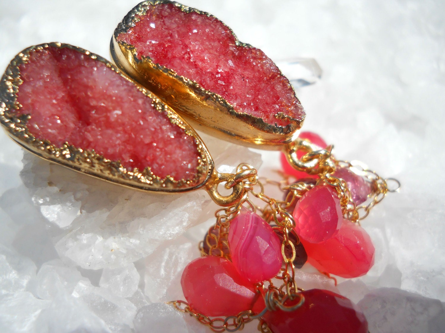 Guava pink druzy, chalcedony and sapphire earrings - Gold dipped -  Long chain - Drusy agate