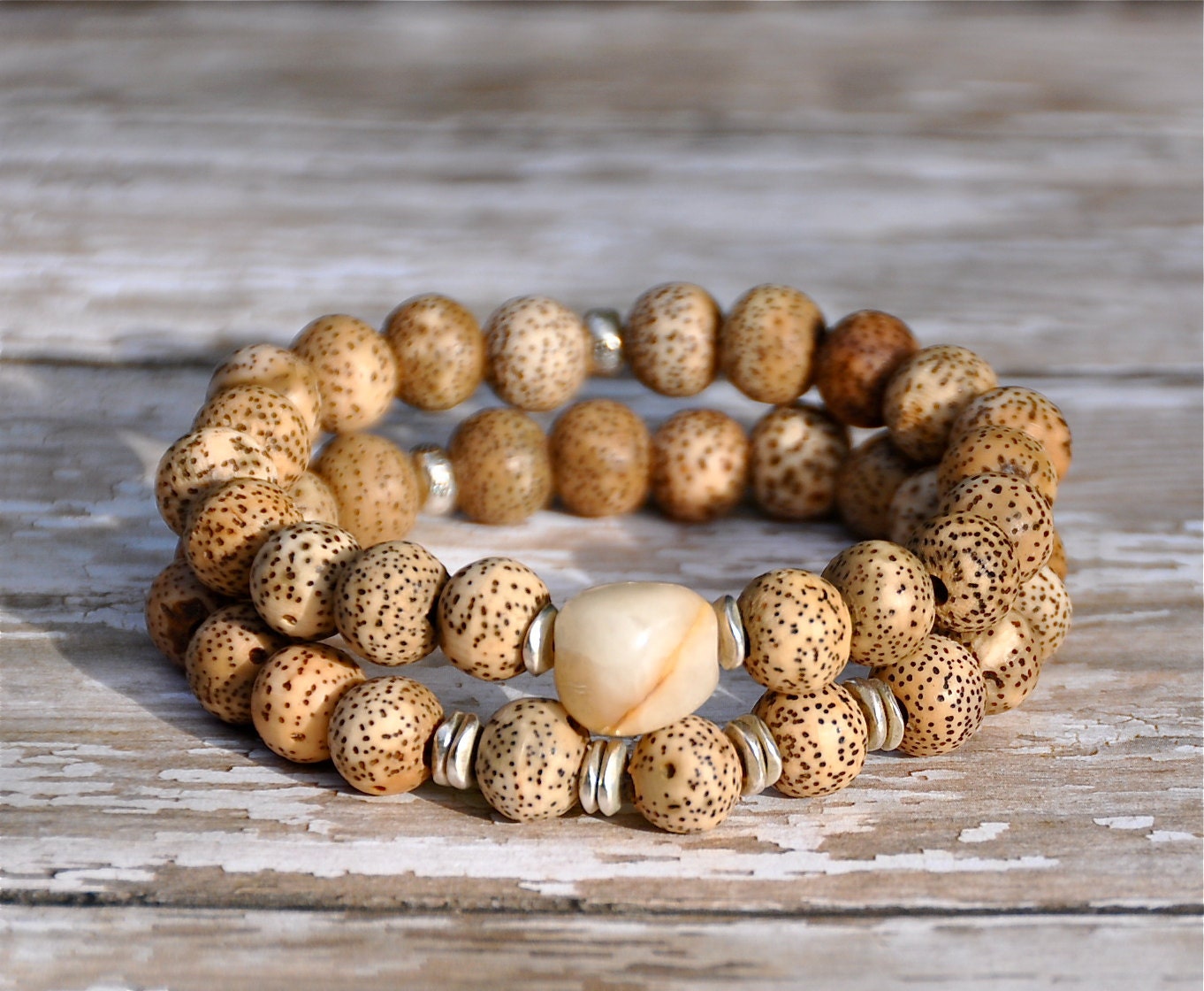 RESERVED Natural Speckled Wood Beaded Bracelets / Handmade Beaded Bracelets