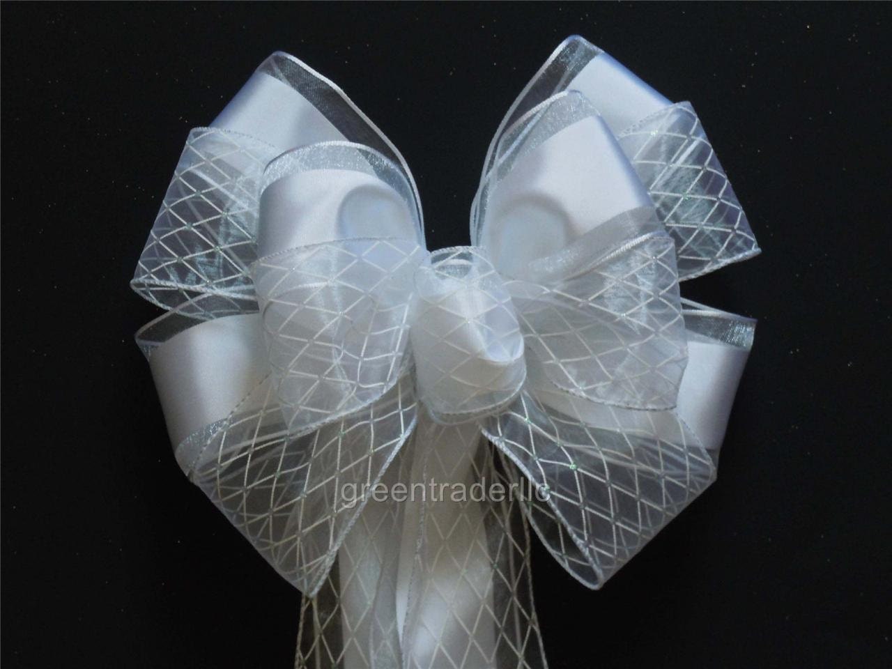 White Satin Wedding Pew Bow Shabby Chic Wedding Bow Spring Wreath Shower Bow Church Aisle Wedding Decoration Bow
