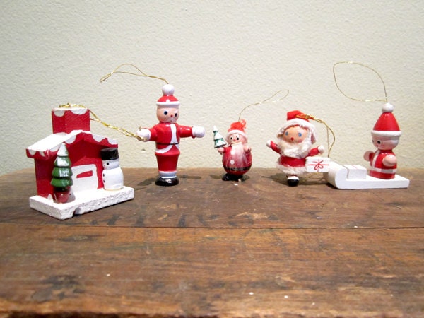 Vintage Wooden Santa Claus and Chimney Ornament set