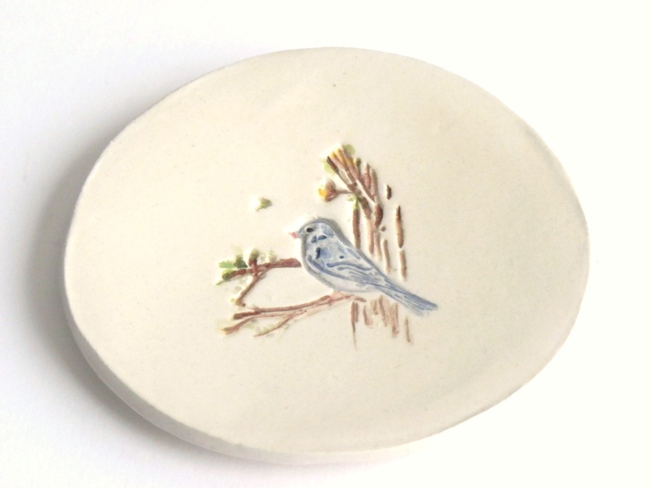 Ceramic White  Little Blue Bird Dish Colorful Home Decor Pottery Plate Recycled Box