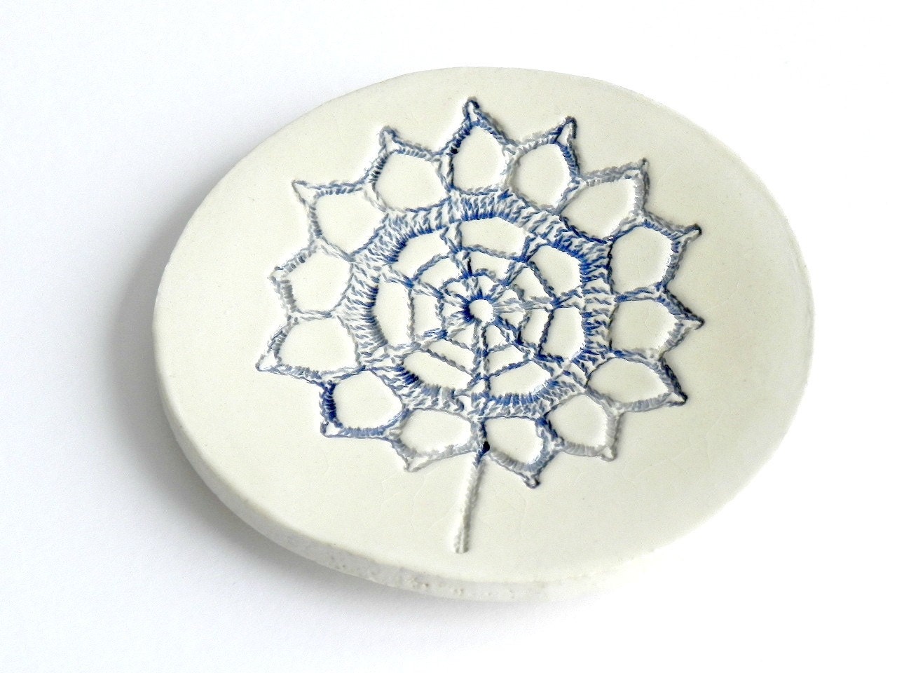 Ceramic Blue Flower Ring Dish Minimalist Round Plate White Pottery