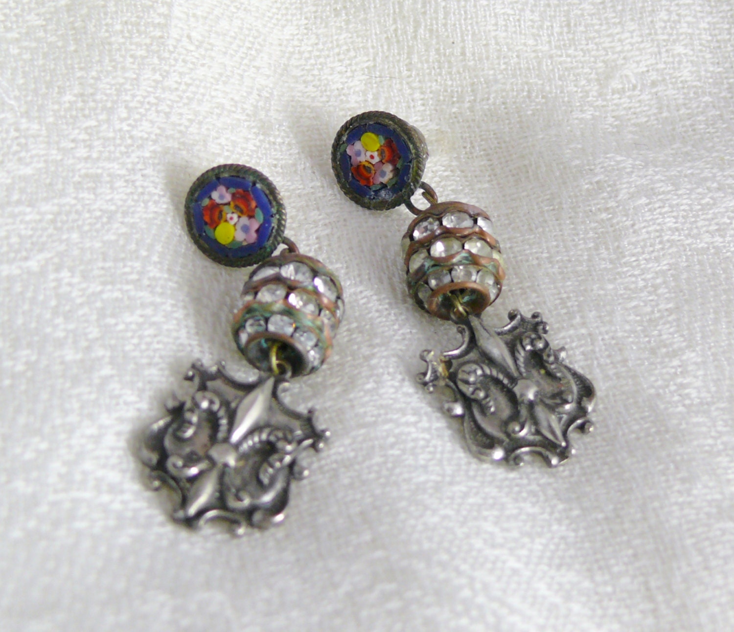 Vintage Fleur de Lis Micro Mosaic Earrings, Paste Rhinestone