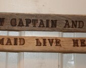 Hand Made Wood Burned Driftwood Sign/Wall Hanging/Wall Decor, Wood Burned Message Reads-A Salty Captain And His Mermaid Live Here-Beach Art