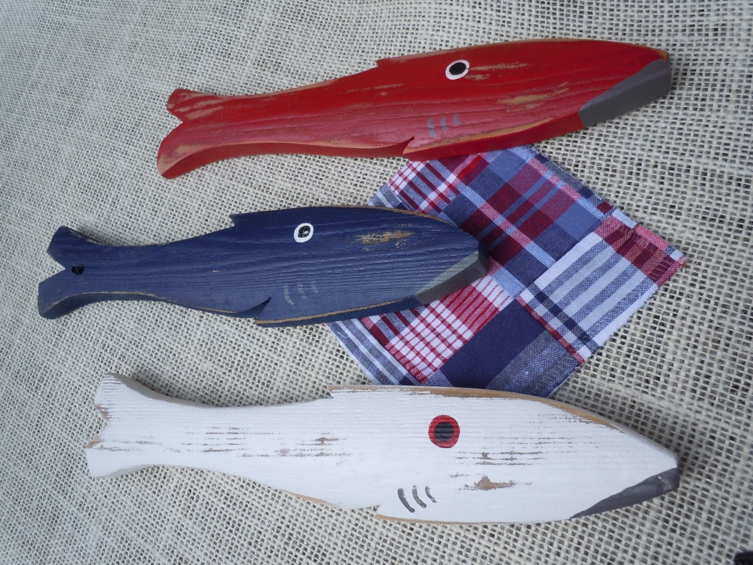 Three 11" Fish Pottery Barn Inspired Art Hand Painted Reclaimed Wood Beach Cottage Cabin Decor