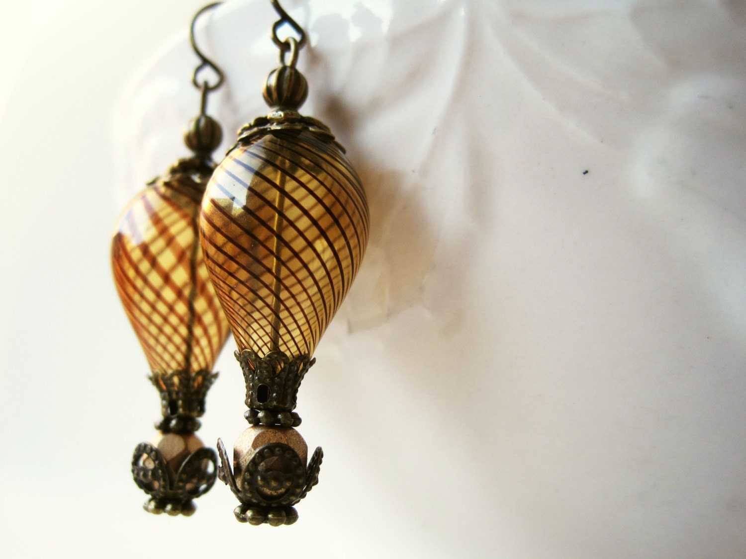 Hot Air Balloon Earrings. Steampunk Earrings. Whimsical Victorian Jewelry. Gold Earrings. Hand Blown Glass Earrings. HAB9.