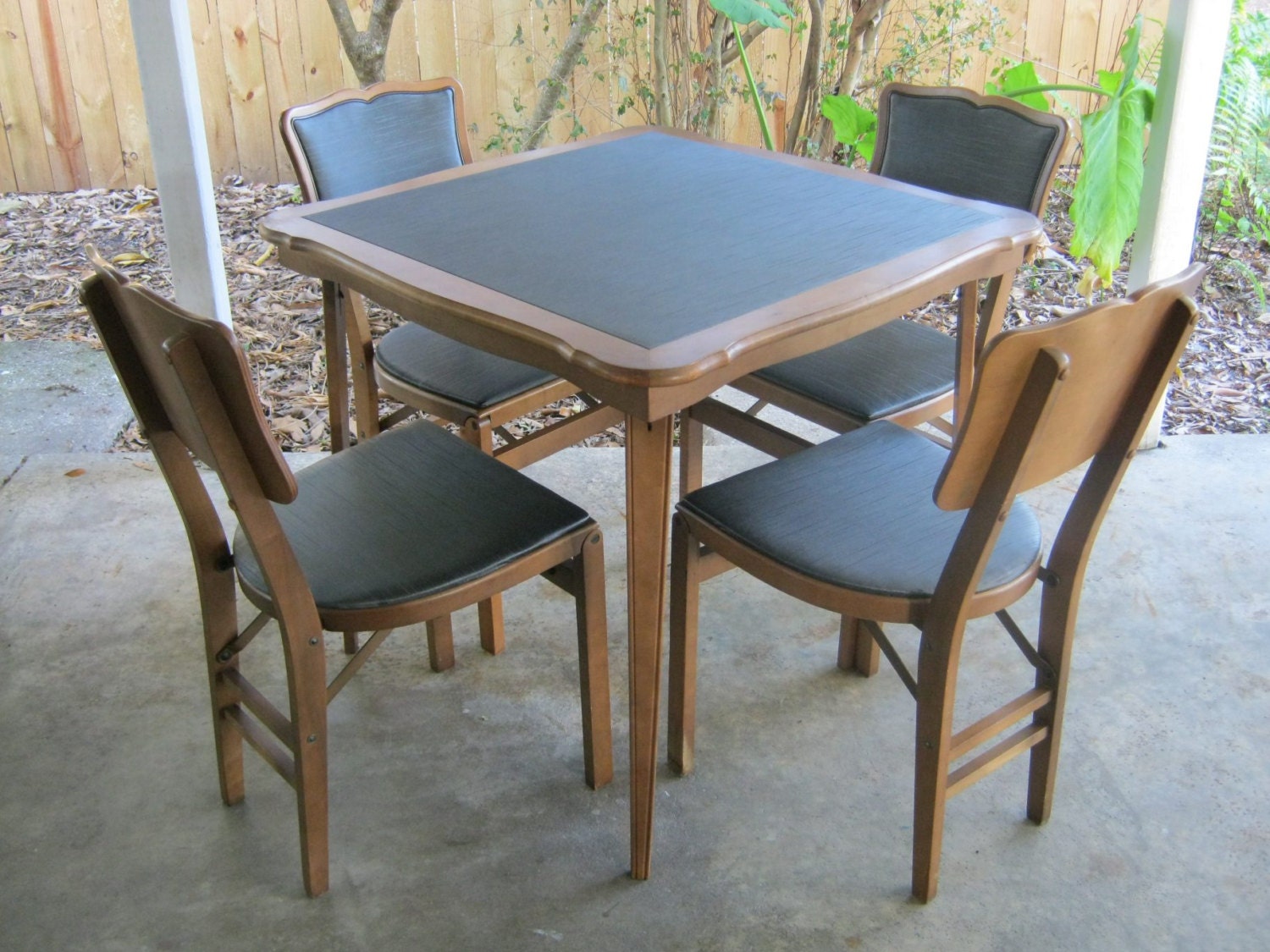 Folding Card Table and Chairs-Stakmore Furniture-Innovative Design-Snazzy Wood Table & 4 Chairs with Vinyl Top and Seat Covers