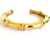 Gold Bamboo Bracelet, Metal Cuff, Retro Summer Design, Vintage Jewelry