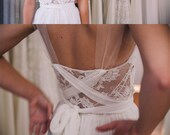 French lace wedding dress, invisible sheer neckline and soft silk chiffon skirt. Beach boho style for the unique bride