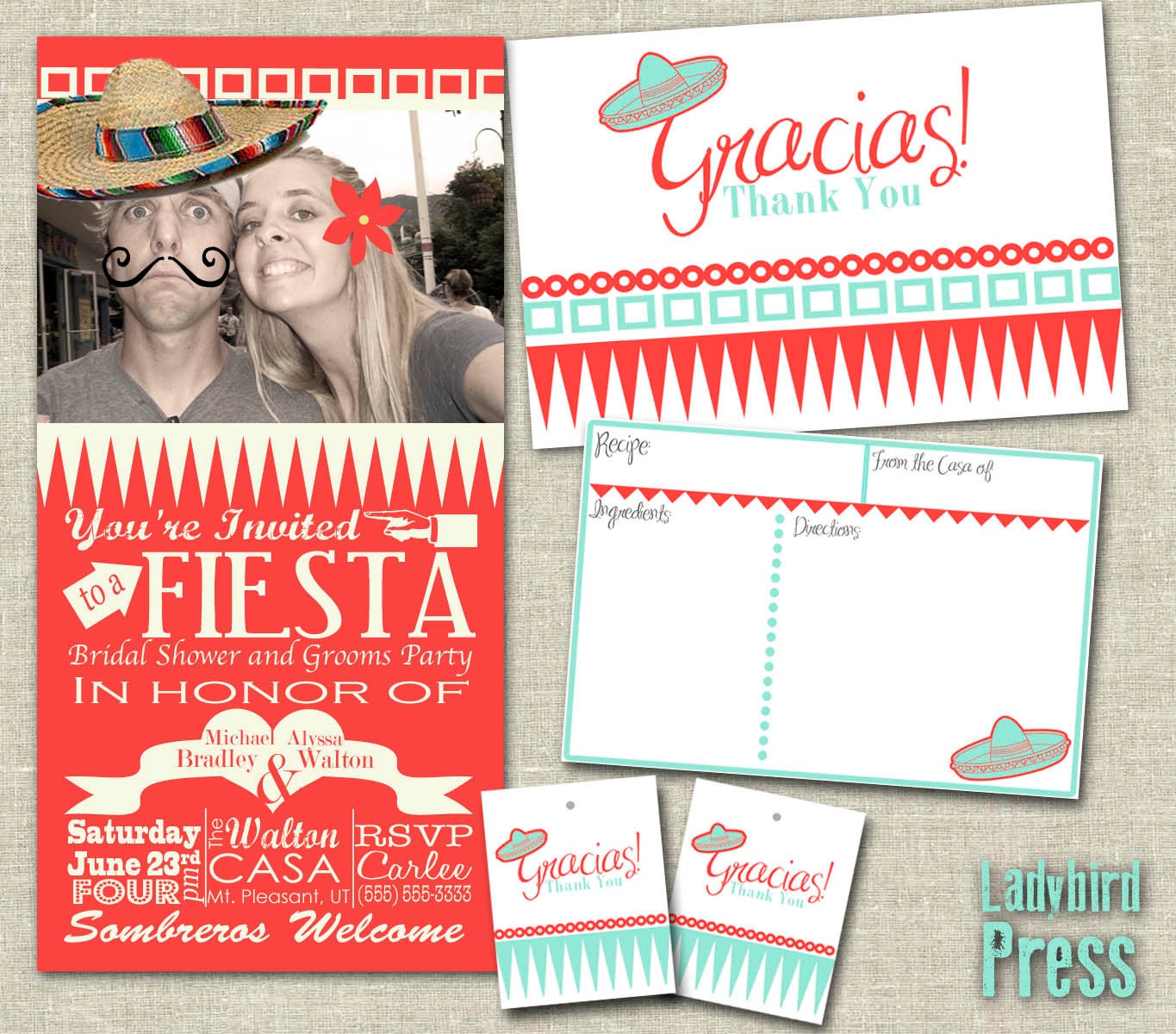 Fiesta Bridal Shower Invitation Package - Invitation - Recipe Card- Thank You Card- Thank You Tag - Digital PDF - Fun