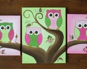 3 canvas set of pink and green owl paintings