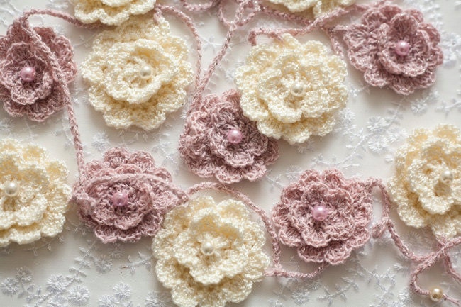 Crochet Flowers Garland - pink and cream - Wedding Garland