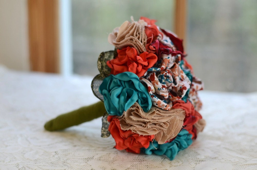 orange and aqua fabric flower alternative wedding bouquet--upcycled and eco friendly